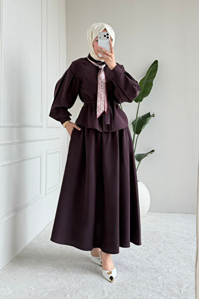 Tesettür Diyarı Viosa Fularlı Tansel Kumaş Tesettür Takım- Mürdüm