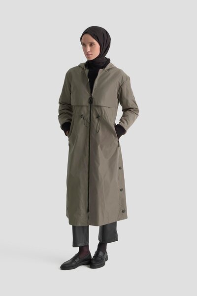 Armine TREND Boydan Fermuarlı Beli Büzgülü Kapüşonlu Paraşüt Kumaş Kap Bej 25...