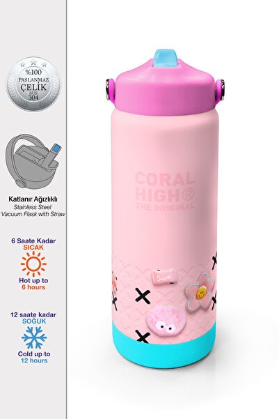 Coral High Pink Candy Patterned Steel Thermos with Folding Spout 650 ml 38349
