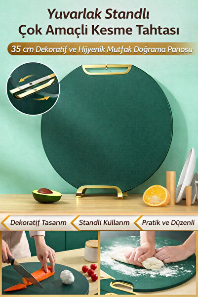 Hane Dostu Yuvarlak Standlı Çok Amaçlı Kesme Tahtası – 35 cm Dekoratif ve Hij...