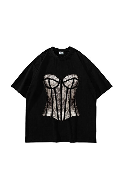 Sekizbiraltı Tricou negru unisex supradimensionat cu imprimeu Fit Corset