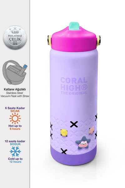 Coral High Mor Lila Desenli Katlanır Ağızlıklı Çelik Termos 650 ml 38350