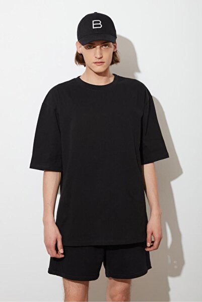 Deep sense Men's Oversize Black Basic Men's T-Shirt Premium Cotton Relaxed Fi...