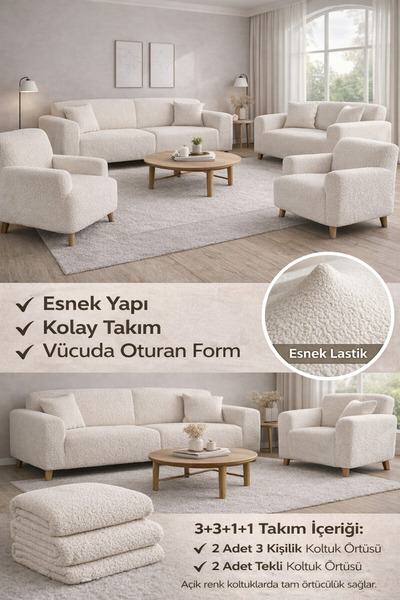 riselerhome Bohem Desen krem Lastikli Koltuk Örtüsü 3+3+1+1 Takımı | Esnek La...