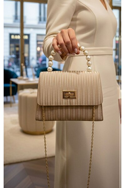 addy Bej Çizgili Desenli İncili Gold Zincir Askılı Portföy Omuz Ve El Çantası...