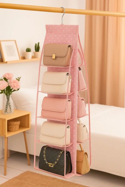 ROYALHOUSE Pink Polka Dot Hanging Bag Organizer with 10 Compartments for Clos...