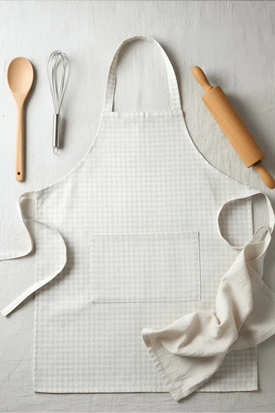 YUNUSOĞLU HOME Beige Gabardine Houndstooth Fabric Kitchen Cooking Apron Maste...