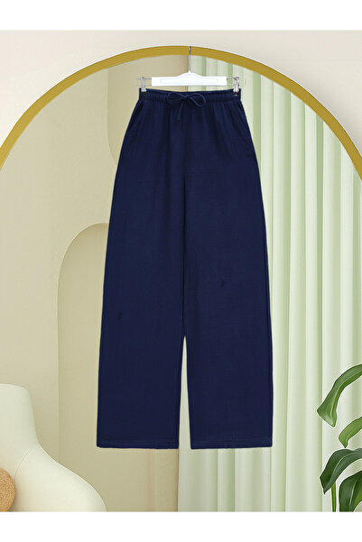 Modamorfo Elastic Waist Lace-Up Wide-Legged Muslin Trousers - Navy