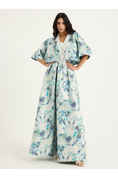 Store Wf Turquoise Jacquard Kimono and Long Skirt Set