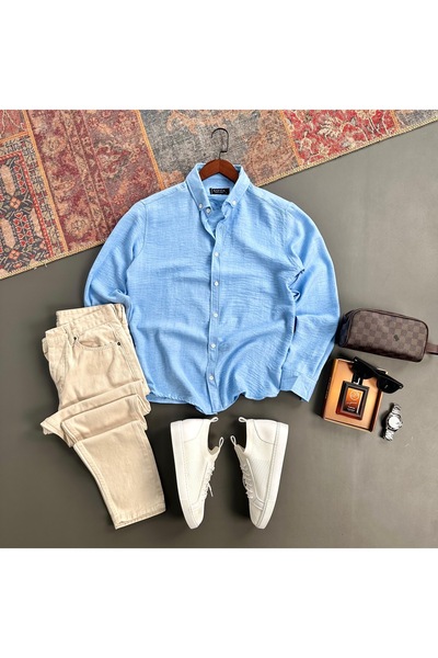 tiggir moda Men's Crinkle Linen Shirt and Jeans 2-Piece Set