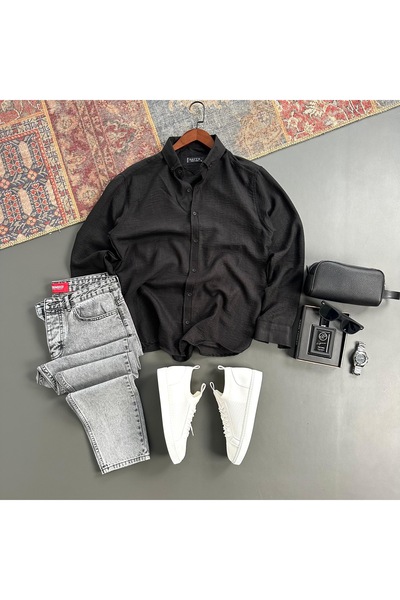 tiggir moda Men's Crinkle Linen Shirt and Jeans 2-Piece Set