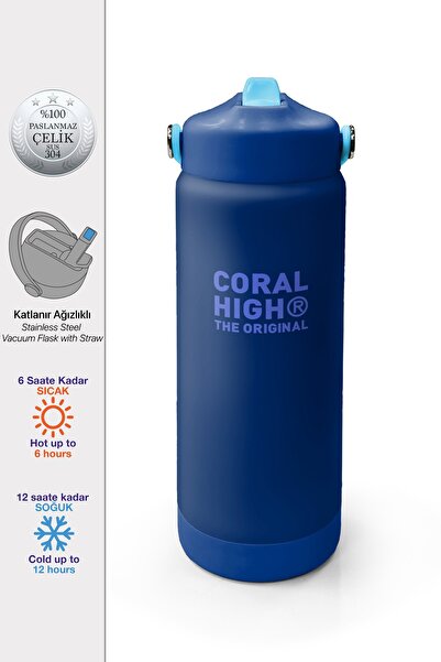 Coral High Lacivert Mavi Desenli Katlanır Ağızlıklı Çelik Termos 650 ml 38358