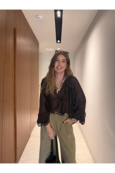 begum mayda Orijinal Model , Acıkahve , Fırfırlı , Gömlek Bluz
