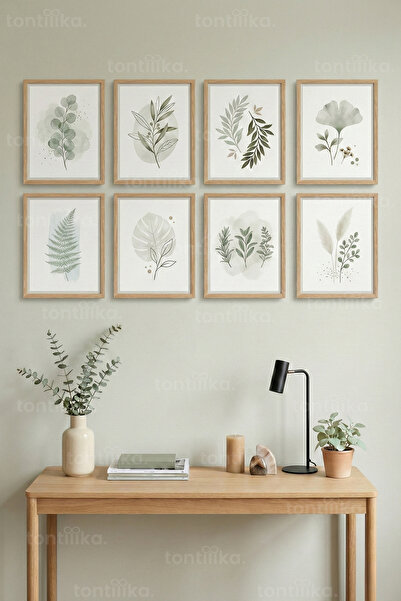 Tontilika 8 Parça Soft Yeşil Botanik Minimal Dekoratif Çerçeve Görünümlü Tabl...