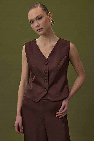 Sateen Classic Plain Vest - Brown