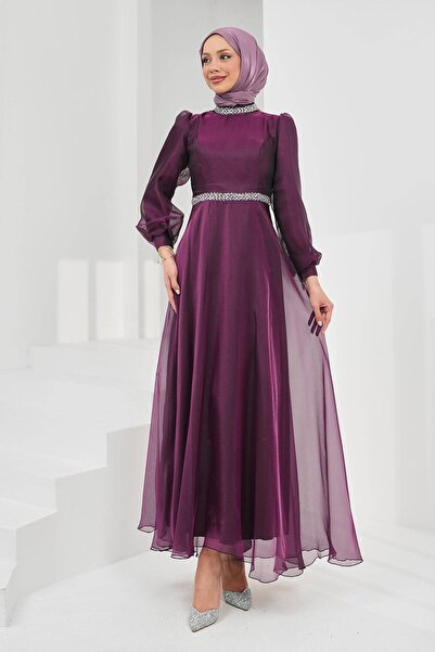 İmajButik Purple Collar Waist Stoned Balloon Sleeve Evening Dress