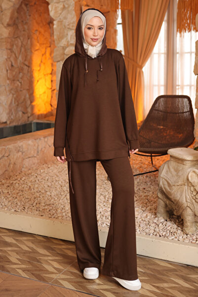 İmajButik Brown Garnished Hooded Tunic and Trousers Set