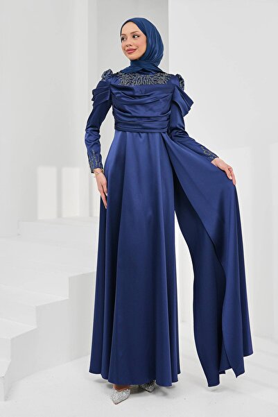 İmajButik Navy Blue Draped Front Stone Satin Evening Dress