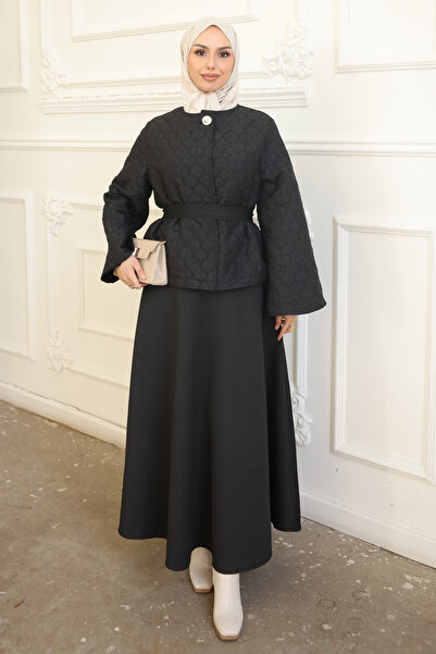 İmajButik Black Belted Jacket and Skirt Set