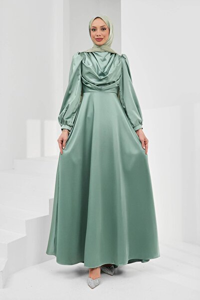 İmajButik Mint Green Satin Evening Dress with Stones on the Front