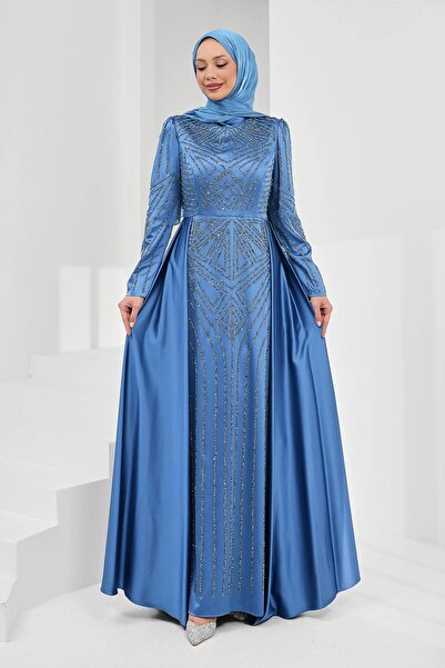 İmajButik Indigo Satin Evening Dress with Stones on the Front