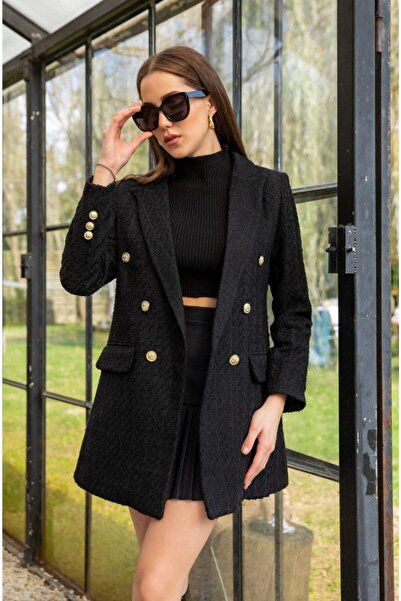 ZF BUTİK Black Tweed Jacket with Gold Button Detail