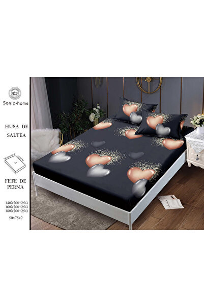 FIONNA.RO Husa cu Elastic si Fete de Perna Din Finet 160x200cm - Negru Cu Ini...