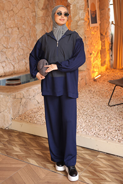 İmajButik Navy Blue Paneled Tunic Modal Suit with Trousers