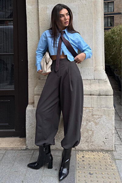 Madmext Dark Brown Pleated Pocket Balloon Women's Trousers Mg2692