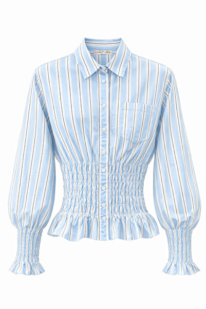 Mixray 4823 Kadın Çizgili Beli Gipeli Uzun Kol Gömlek Mavi