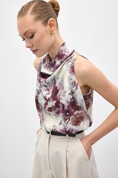 Sateen Drapeli Halter Neck Patterned Blouse - Plum
