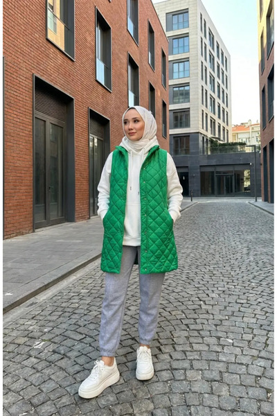 sefamerve Snap Fastener Quilted Vest 71150-03 Green