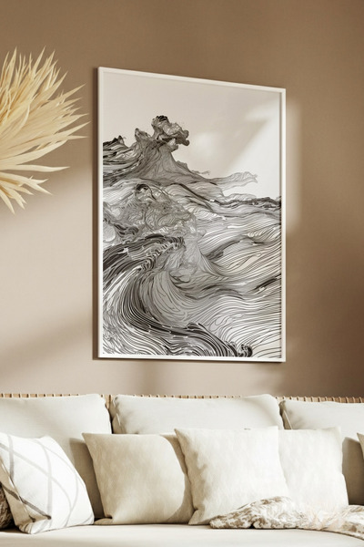 Yoko Home Ahşap Çerçeveli Monochrome Serisi Dalga Temalı Tablo, Salon, Ev, Ofis Duvar Dekorasyonu