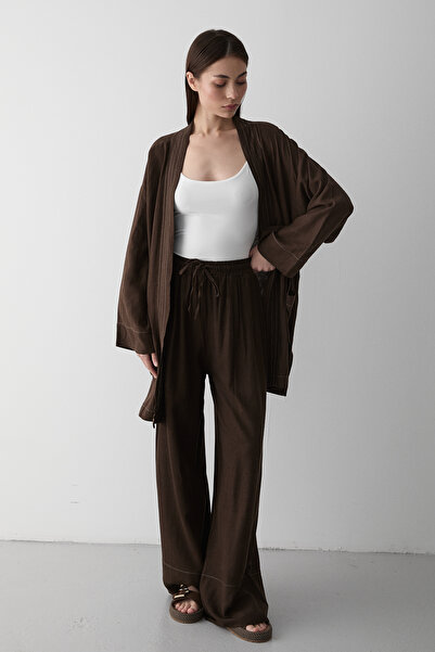 Laluvia Brown Belted Kimono Set with Pockets - 8491