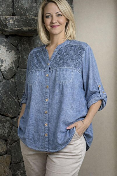 AGORATEKSTİL Women's Washed Cotton Fabric Plus Size Three Quarter Sleeve Mom ...