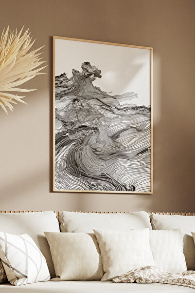 Yoko Home Ahşap Çerçeveli Monochrome Serisi Dalga Temalı Tablo, Salon, Ev, Ofis Duvar Dekorasyonu