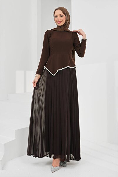 İmajButik Brown Stone Detailed Design Evening Dress