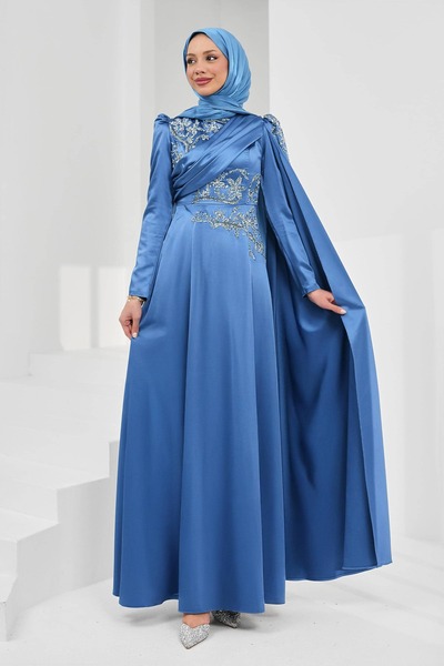 İmajButik Indigo Satin Evening Dress with Shoulder Cape and Stones