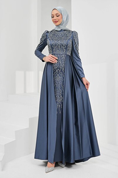 İmajButik Smoked Satin Evening Dress with Stones on the Front