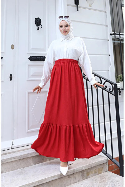 sefamerve Elastic Waist Comfortable Cut Skirt 0227C-06 Red