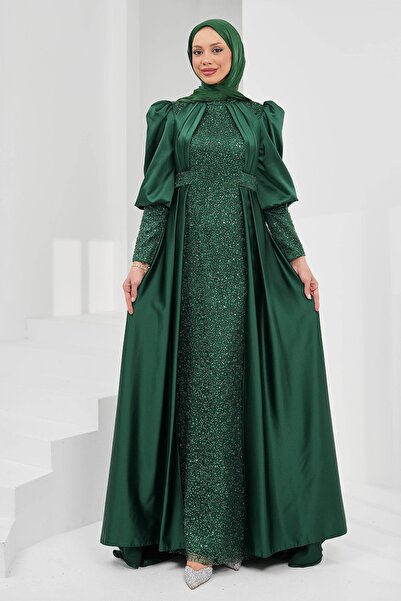 İmajButik Emerald Green Tailed Beaded Satin Evening Dress