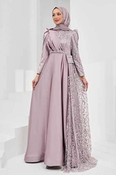 İmajButik Gül Kurusu Önü Drapeli Pul Payetli Saten Abiye