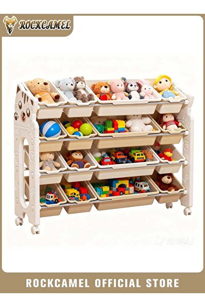 ROCKCAMEL منظم ألعاب أطفال بأربعة أرفف مزود بعجلات، رف تخزين بتصميم قطة جذاب ...