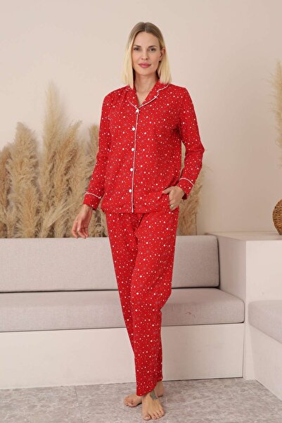 ALİMER Women's Pajama Set - Red Front Buttoned Long Sleeve Combed Cotton 2769Uy