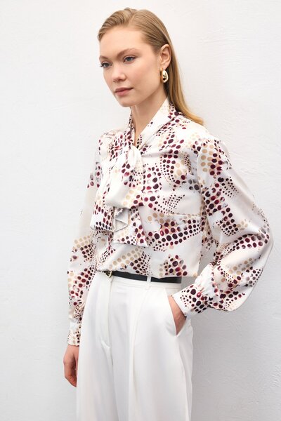 Sateen Scarf Detailed Patterned Blouse - Ecru