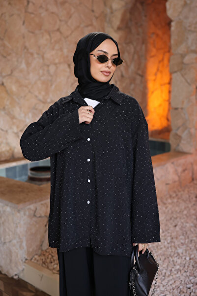 İmajButik Black Single Pocket Stoned Casual Shirt