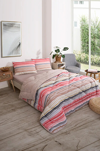 Çetinhome Double Patterned Welsoft Quilt Set (Without Sheets) Tassel Beige