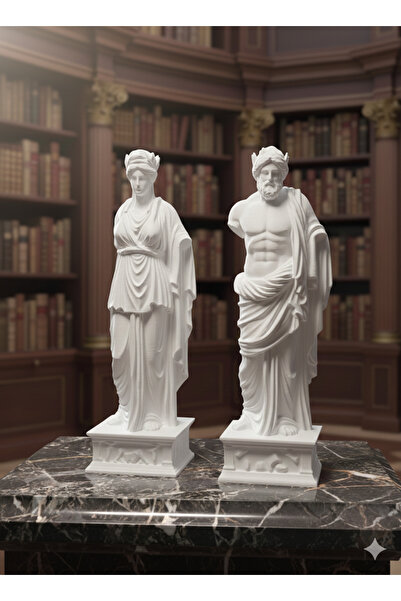 Pilovestik 2'li Antik Yunan Heykel Seti - 20 cm Dekoratif Büst Biblo - Beyaz