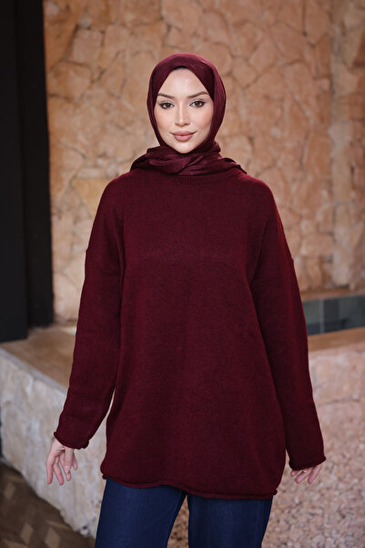 İmajButik Burgundy Crew Neck Oversize Knitwear Sweater