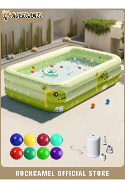 ROCKCAMEL مسبح قابل للنفخ مع كرة بحرية ومضخة هواء كهربائية
